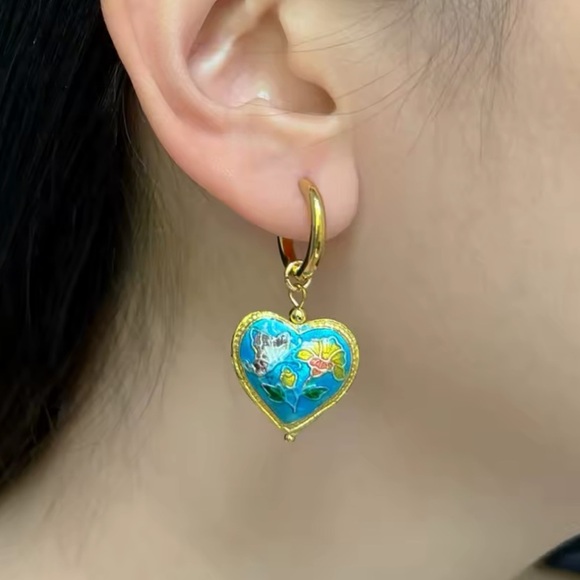 Vintage Ethnic Blue Enamel 18K Gold Stainless Steel Gold Heart Earrings - Picture 4 of 5
